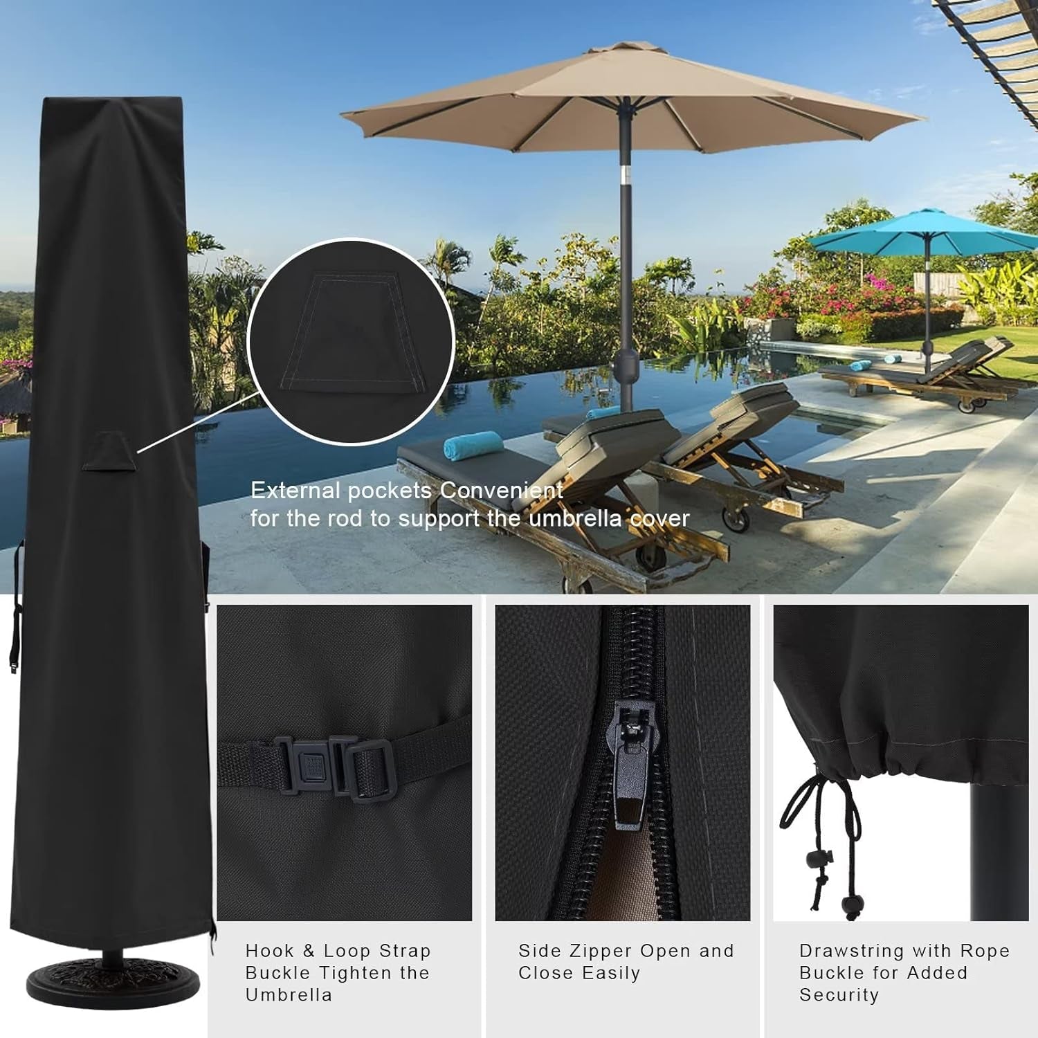 Patio Umbrella Cover for 6.5FT to 14FT Market Umbrella Waterproof Outdoor Umbrella Cover with Zipper and Rod, Large,Black