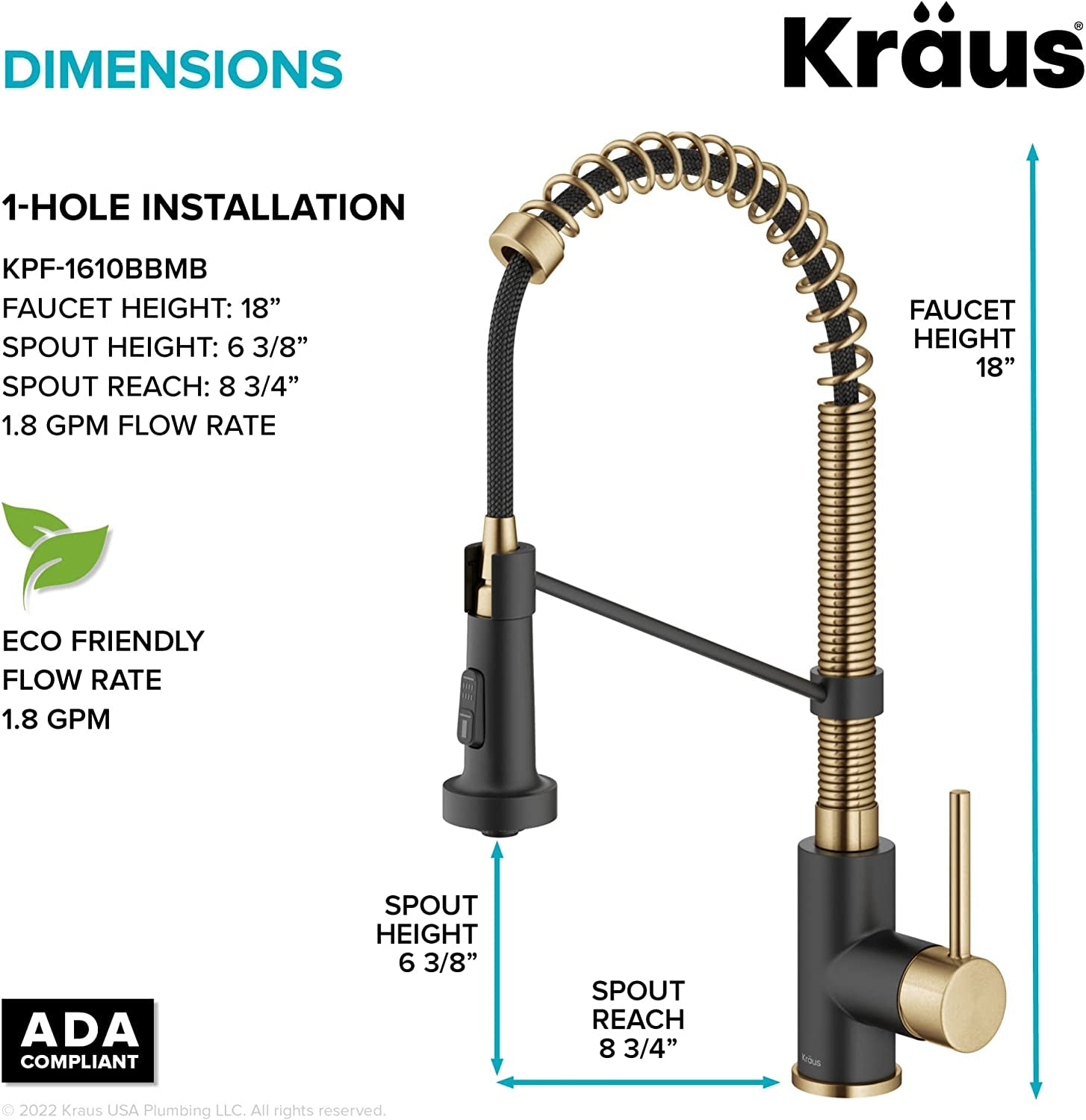 KPF-1610BG Bolden 18-Inch Commercial Kitchen Faucet with Dual Function Pull-Down Sprayhead in All-Brite Finish, 18 Inches, Brushed Gold