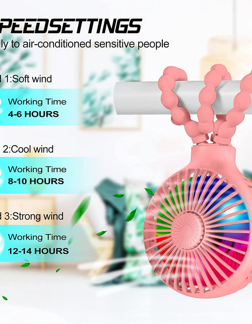 Load image into Gallery viewer, Stroller Fan Upgraded Portable Fan Versatile Fan Personal Desk Fan USB Rechargeable Fan with LED Light and Aromatherapy Flexible Tripod Design Handheld Fan 3 Speeds Baby Fan for Stroller（Pink）
