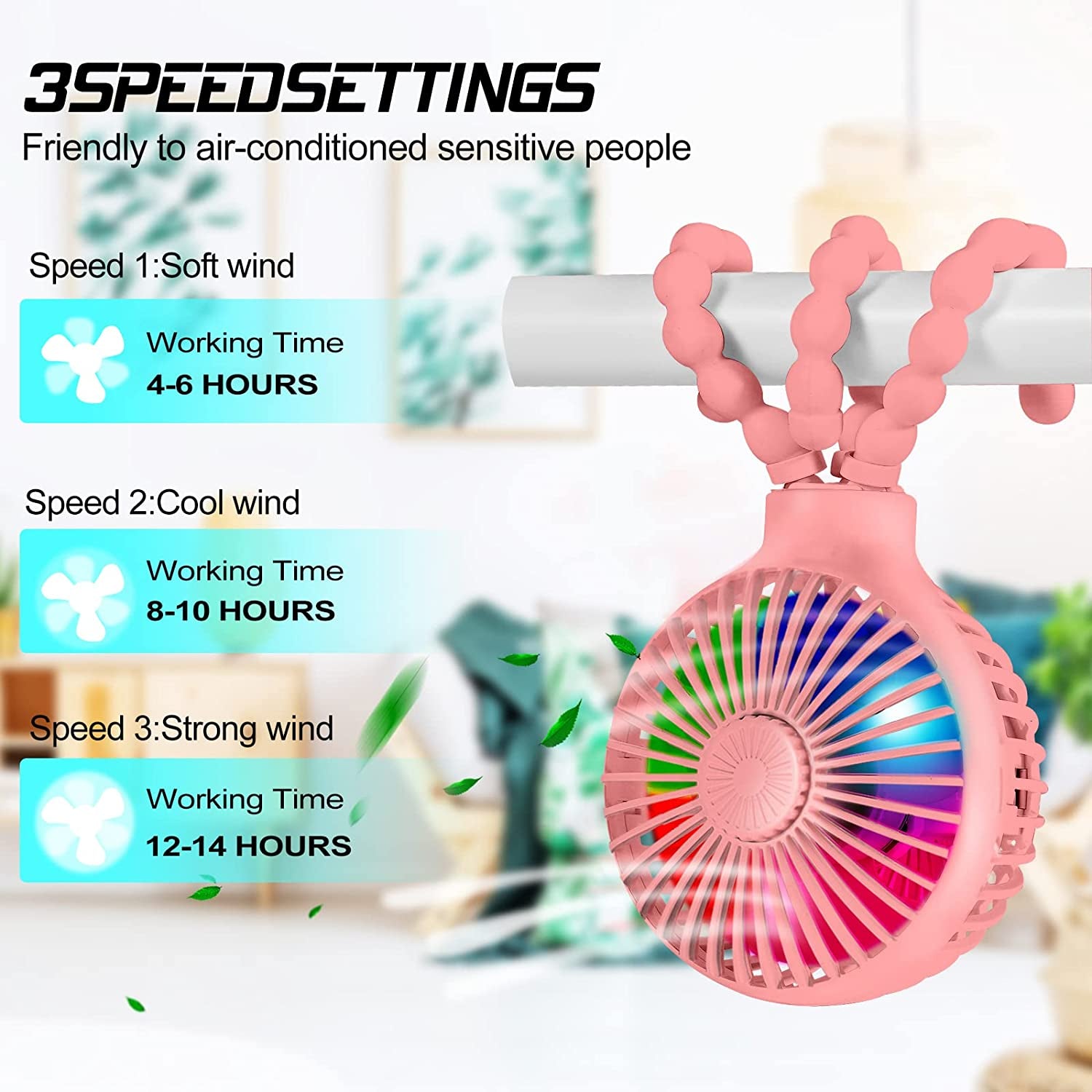 Stroller Fan Upgraded Portable Fan Versatile Fan Personal Desk Fan USB Rechargeable Fan with LED Light and Aromatherapy Flexible Tripod Design Handheld Fan 3 Speeds Baby Fan for Stroller（Pink）