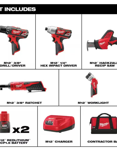 Load image into Gallery viewer, M12 12V Lithium-Ion Cordless Combo Kit (5-Tool) with Two 1.5Ah Batteries, Charger &amp; Tool Bag
