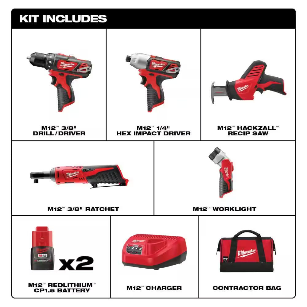 M12 12V Lithium-Ion Cordless Combo Kit (5-Tool) with Two 1.5Ah Batteries, Charger & Tool Bag