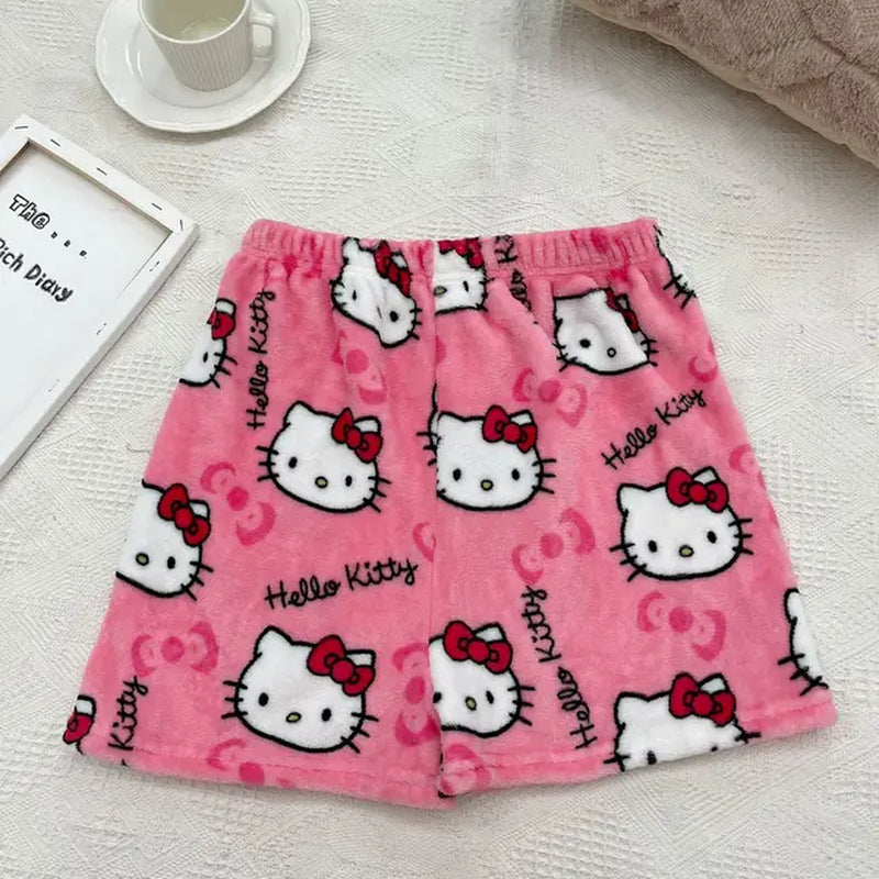 Sanrio Hello Kitty Anime Y2K Kawaii Flannel Pajamas Women'S Warm Woolen Cartoon Casual Home Pants Autumn Winter Fashion Trousers