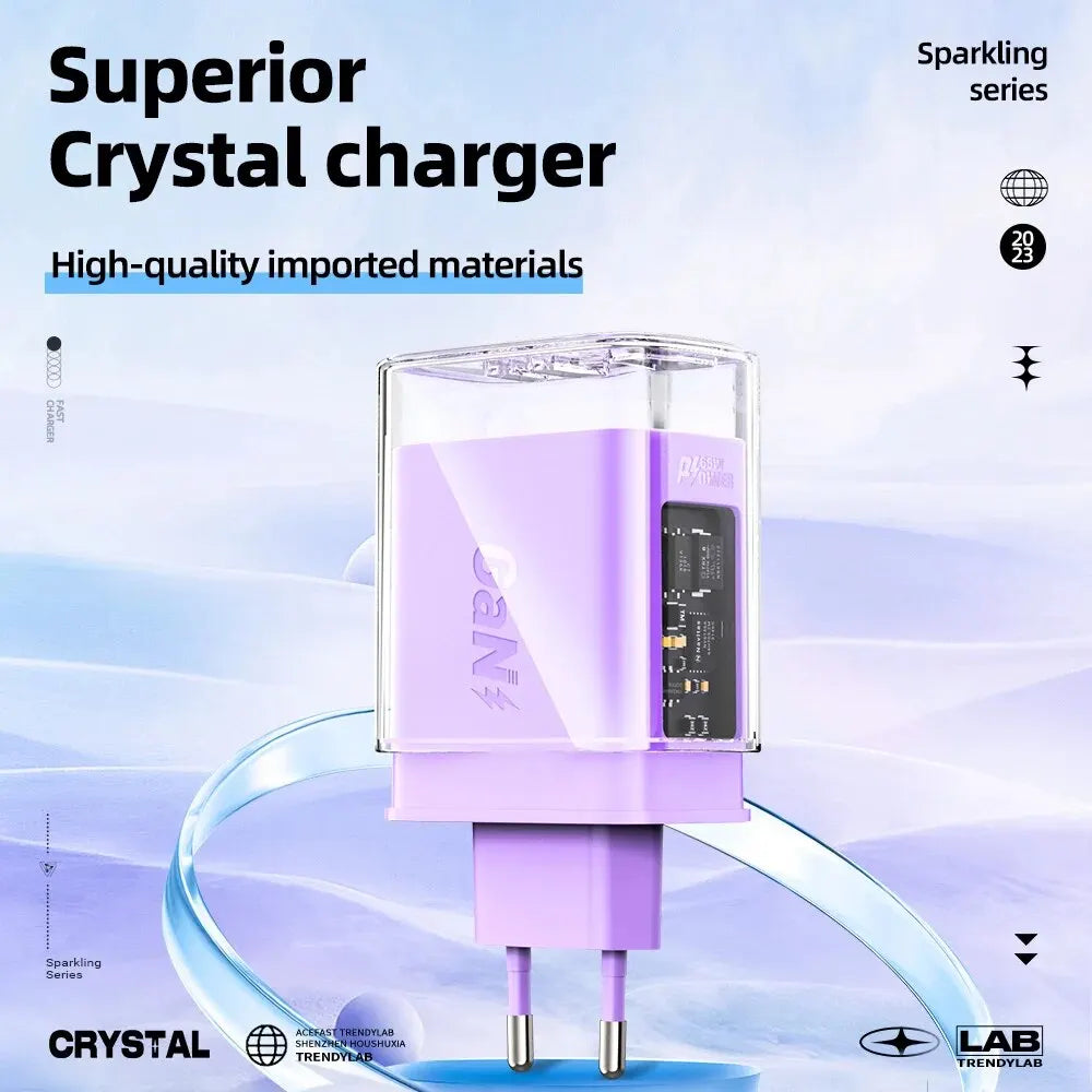 A45 Crystal Gan3 65W EU Fast Charging Charger for Iphone 15/14/13/12 USB C PD3.0 Quick Charge Adapter for Macbook Laptop