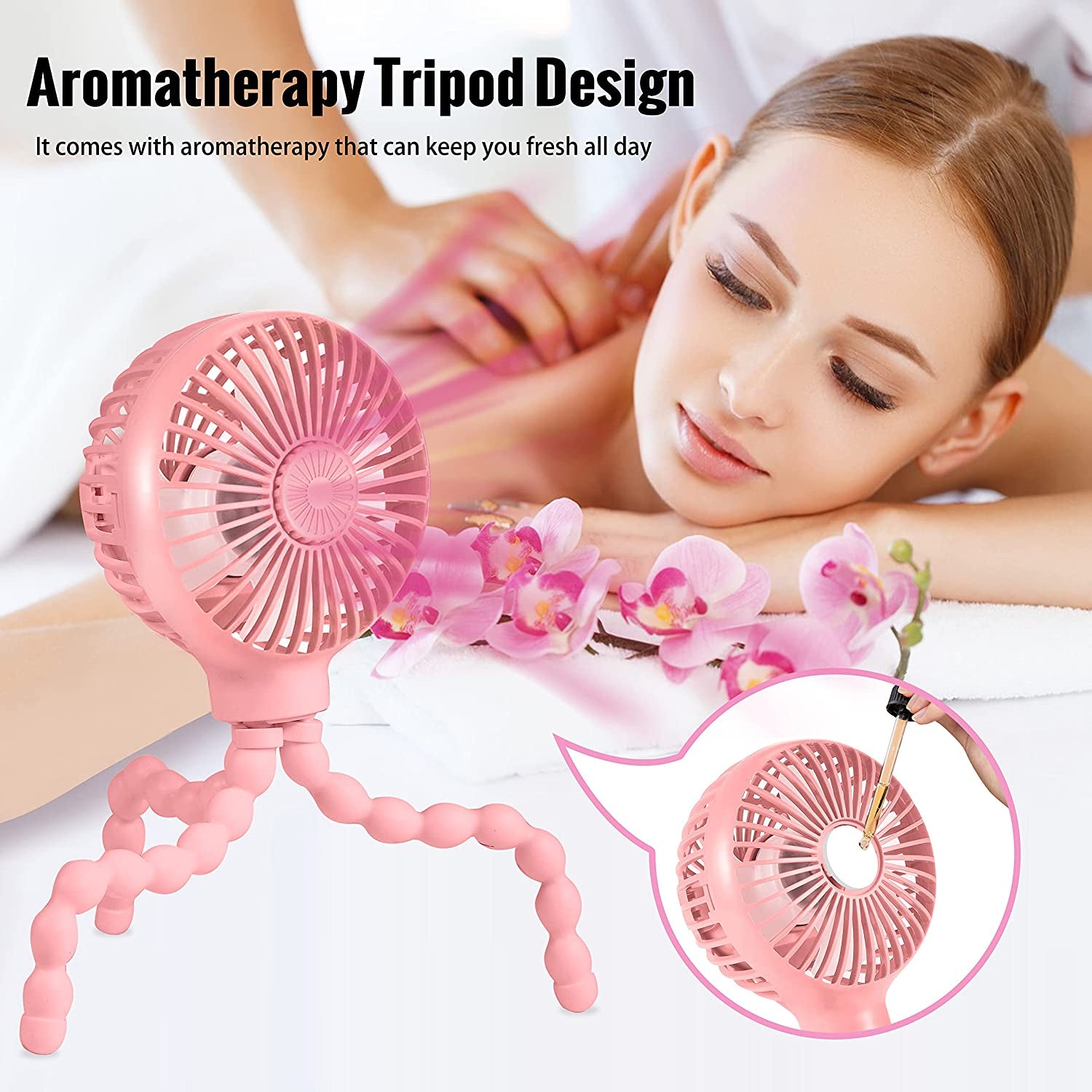 Stroller Fan Upgraded Portable Fan Versatile Fan Personal Desk Fan USB Rechargeable Fan with LED Light and Aromatherapy Flexible Tripod Design Handheld Fan 3 Speeds Baby Fan for Stroller（Pink）