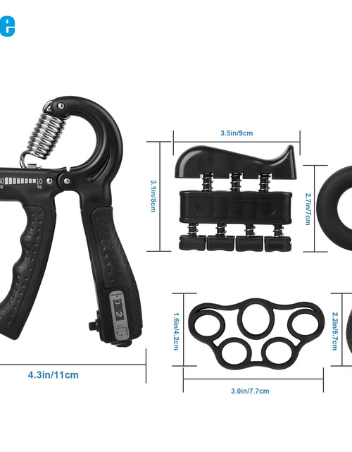 Load image into Gallery viewer, 5Pcs Hand Grip Strengthener Forearm Workout Kit,  Grip Strength Trainer, Adjustable Resistance 22 to 132Lbs Hand Gripper, Finger Exerciser, Finger Stretcher, Grip Loop, Stress Relief Grip Ball
