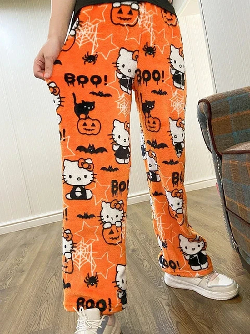 Sanrio Hello Kitty Anime Y2K Kawaii Flannel Pajamas Women'S Warm Woolen Cartoon Casual Home Pants Autumn Winter Fashion Trousers