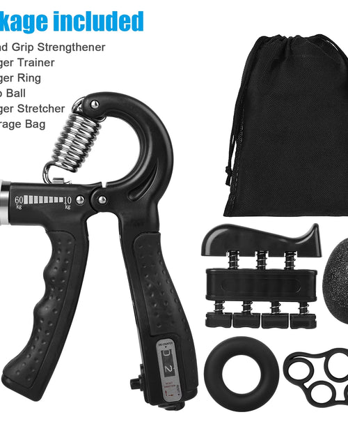 Load image into Gallery viewer, 5Pcs Hand Grip Strengthener Forearm Workout Kit,  Grip Strength Trainer, Adjustable Resistance 22 to 132Lbs Hand Gripper, Finger Exerciser, Finger Stretcher, Grip Loop, Stress Relief Grip Ball
