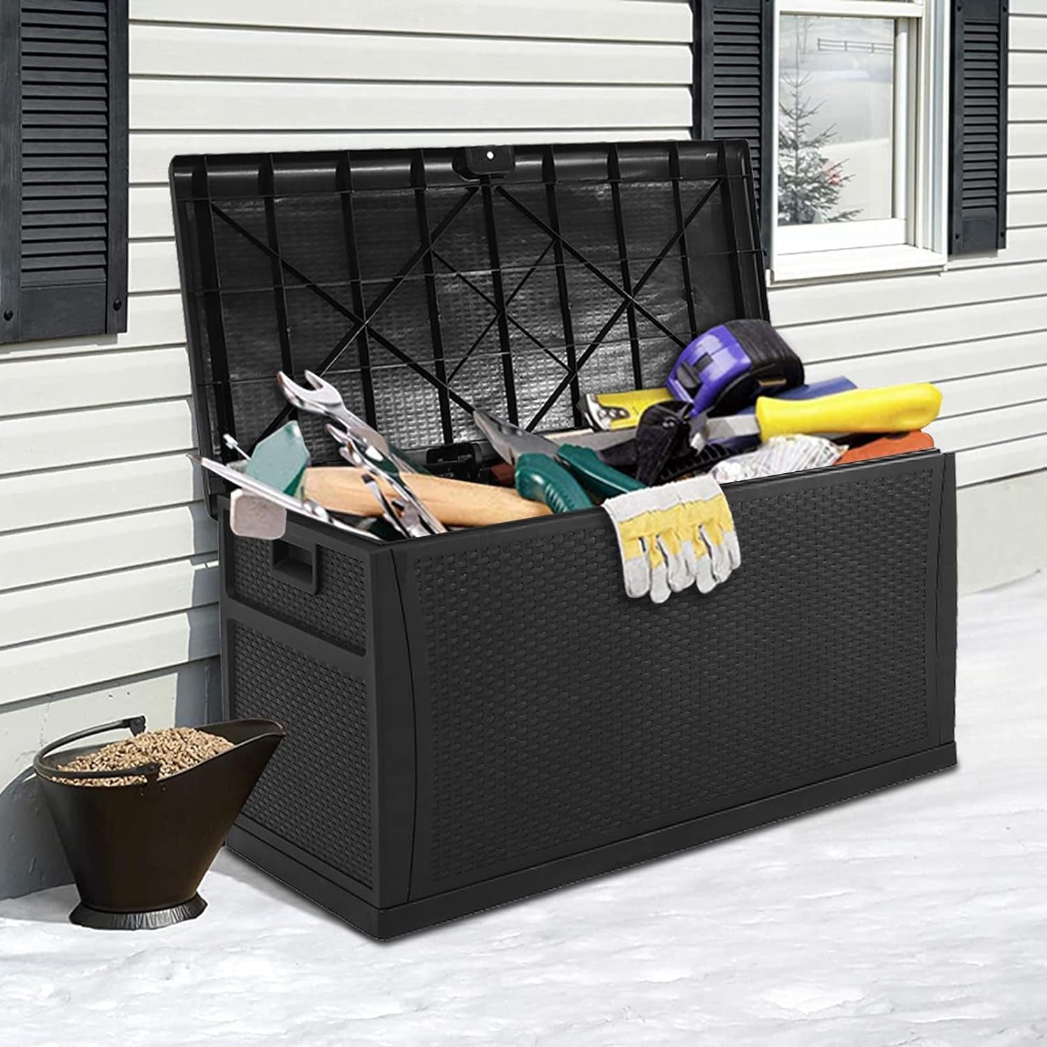 Outdoor Storage Box 120 Gallon Patio Deck Box with Handles, Patio Storage Waterproof Deck Boxes Garden Resin Deck Storage Container Lockable Storage Box (Black)