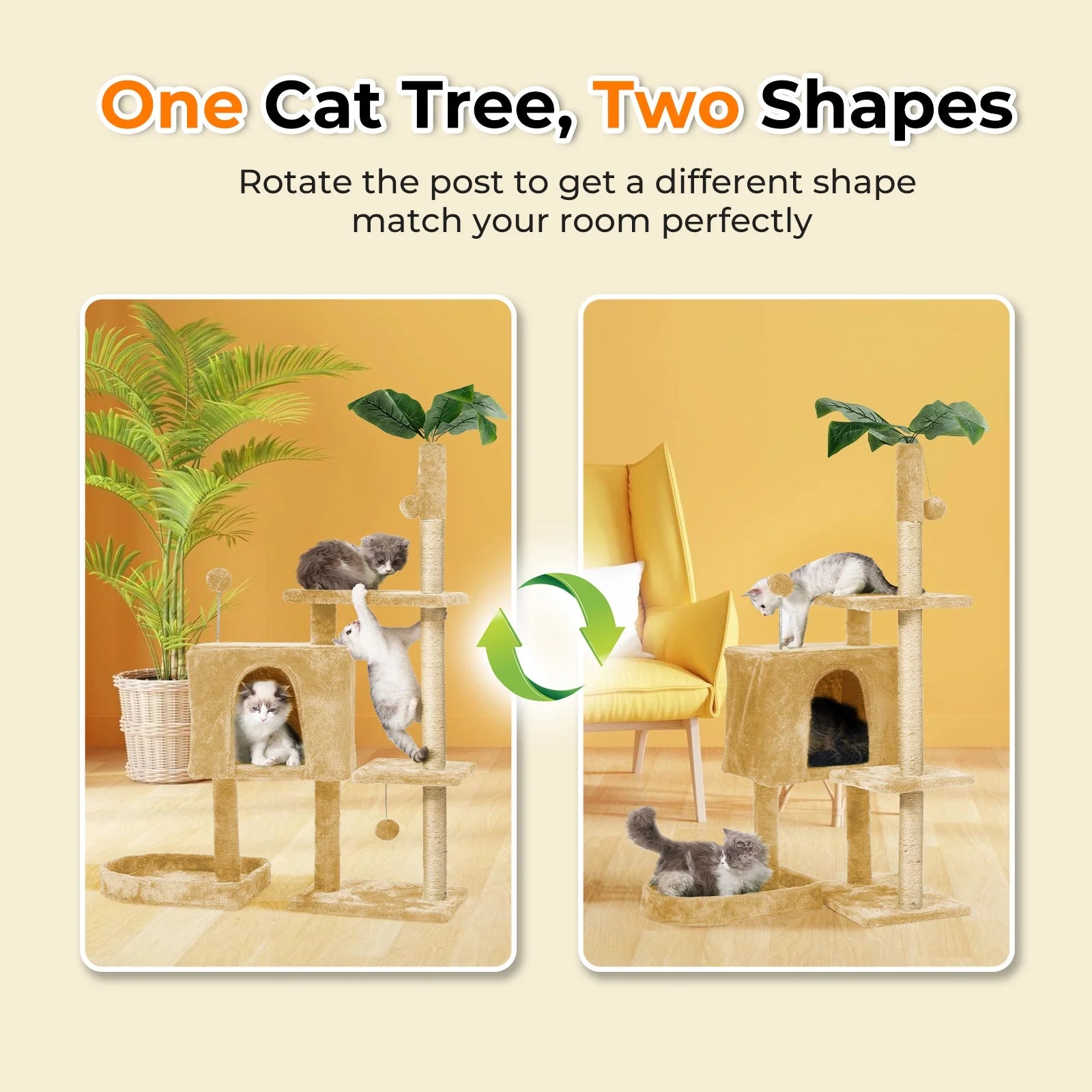 31.5" Cat Tree Cat Tower for Indoor Cats with Green Leaves, Cat Condo Cozy Plush Cat House with Hang Ball and Leaf Shape Design, Cat Furniture Pet House with Cat Scratching Posts, Green