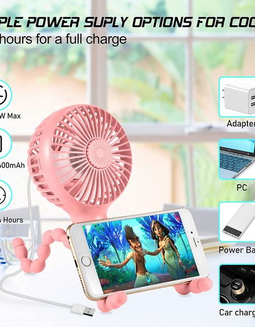 Load image into Gallery viewer, Stroller Fan Upgraded Portable Fan Versatile Fan Personal Desk Fan USB Rechargeable Fan with LED Light and Aromatherapy Flexible Tripod Design Handheld Fan 3 Speeds Baby Fan for Stroller（Pink）
