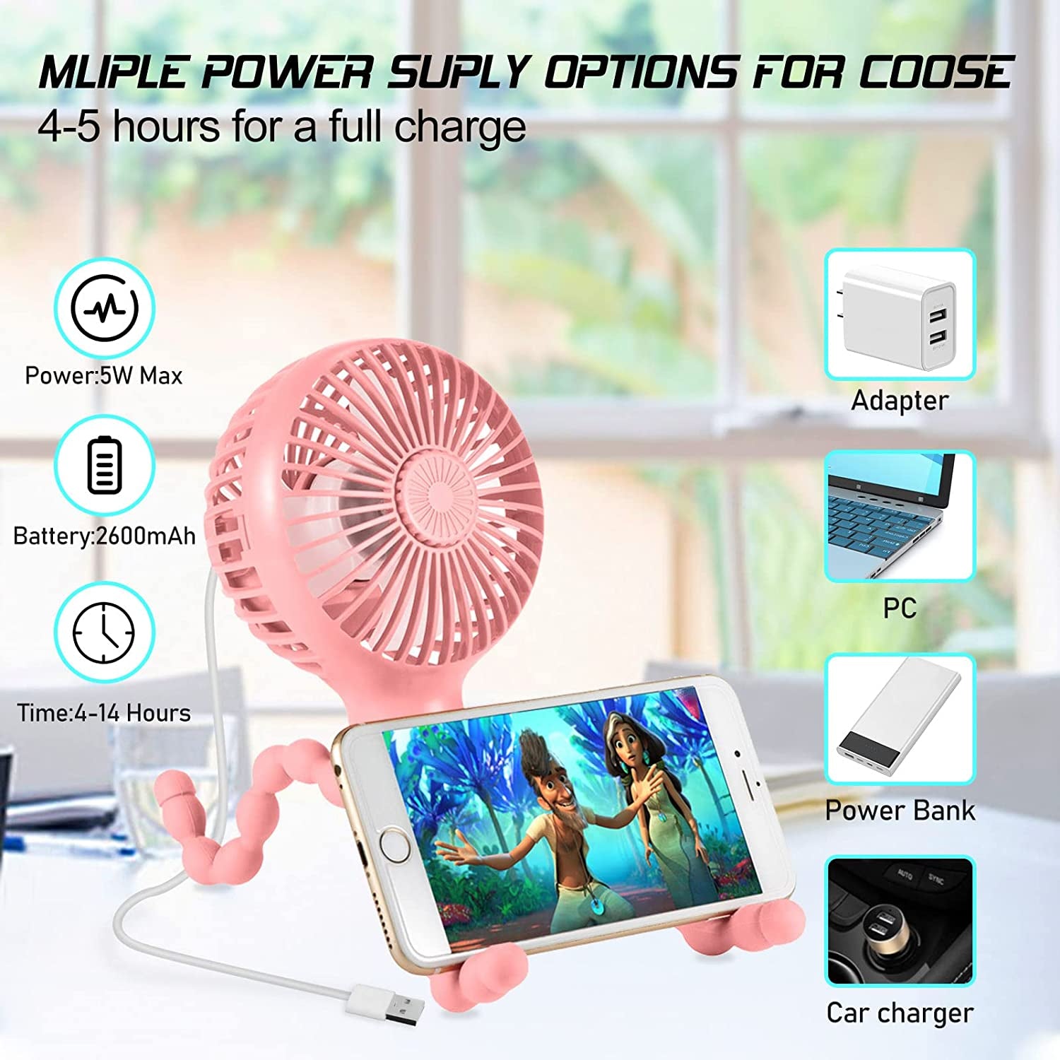 Stroller Fan Upgraded Portable Fan Versatile Fan Personal Desk Fan USB Rechargeable Fan with LED Light and Aromatherapy Flexible Tripod Design Handheld Fan 3 Speeds Baby Fan for Stroller（Pink）