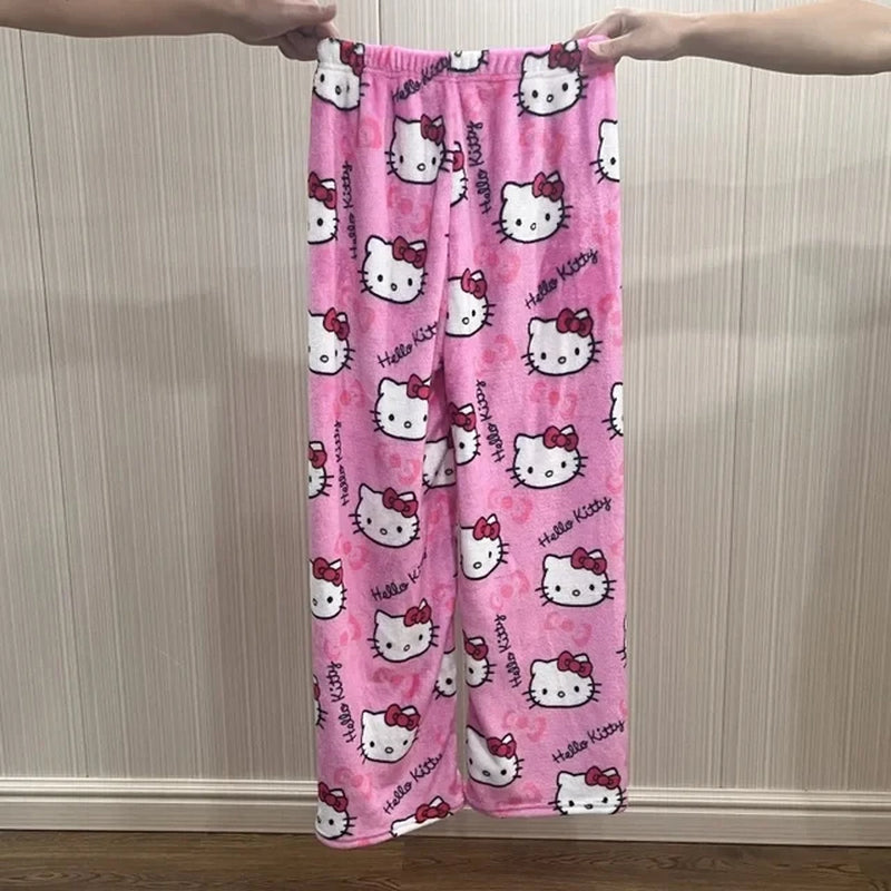 Sanrio Hello Kitty Anime Y2K Kawaii Flannel Pajamas Women'S Warm Woolen Cartoon Casual Home Pants Autumn Winter Fashion Trousers