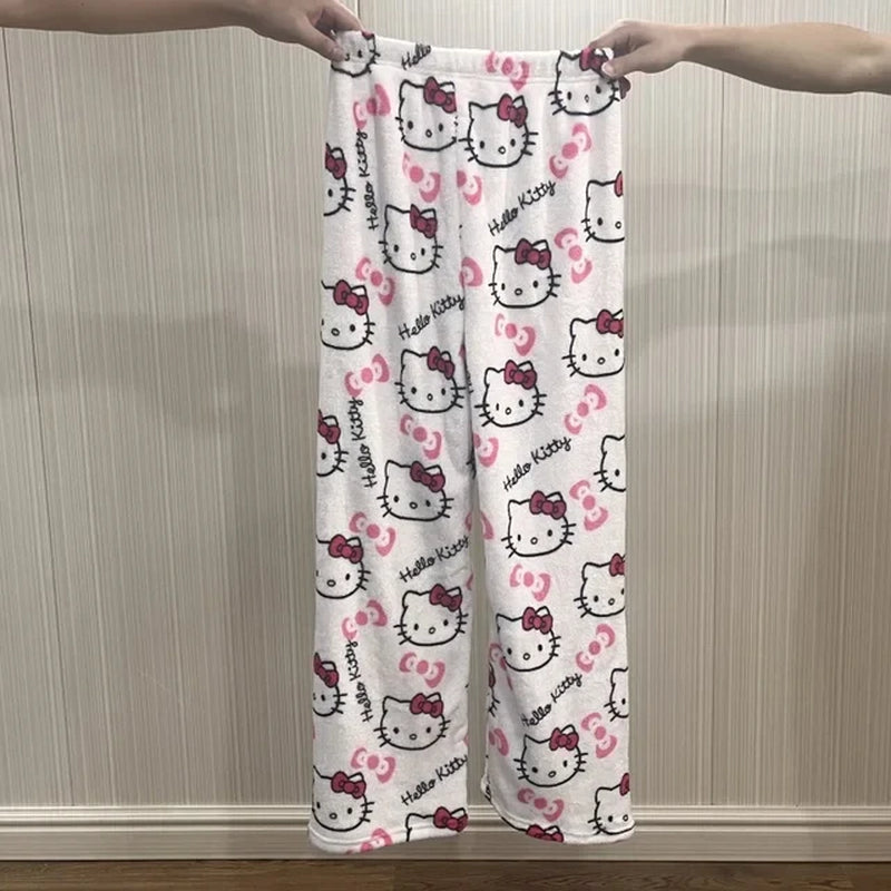 Sanrio Hello Kitty Anime Y2K Kawaii Flannel Pajamas Women'S Warm Woolen Cartoon Casual Home Pants Autumn Winter Fashion Trousers