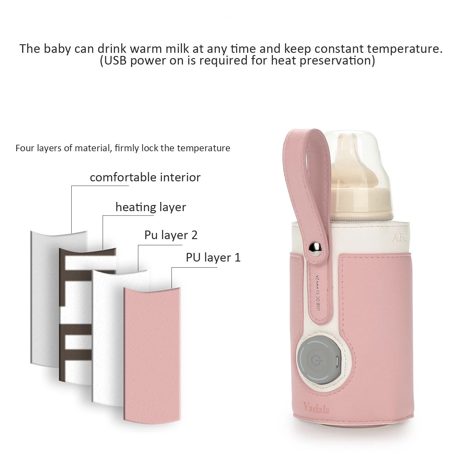 Portable Bottle Warmer, Intelligent Bottle Warmer, Fast Charge, 3-Speed Temperature Regulation, Pink