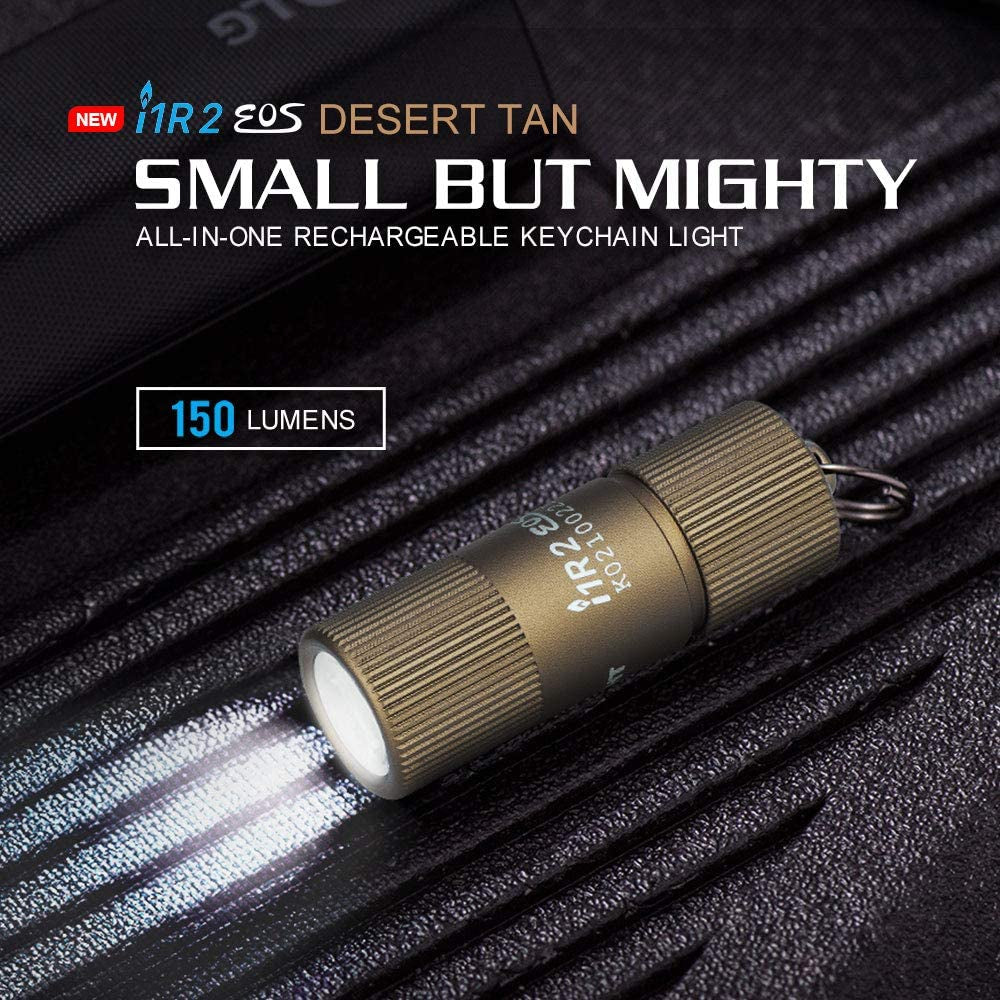 I1R 2 EOS 150 Lumens Tiny Rechargeable Keychain Flashlight EDC Mini LED Keyring Light with Built-In Battery for Camping Hiking Dog Walking Etc (Desert Tan)