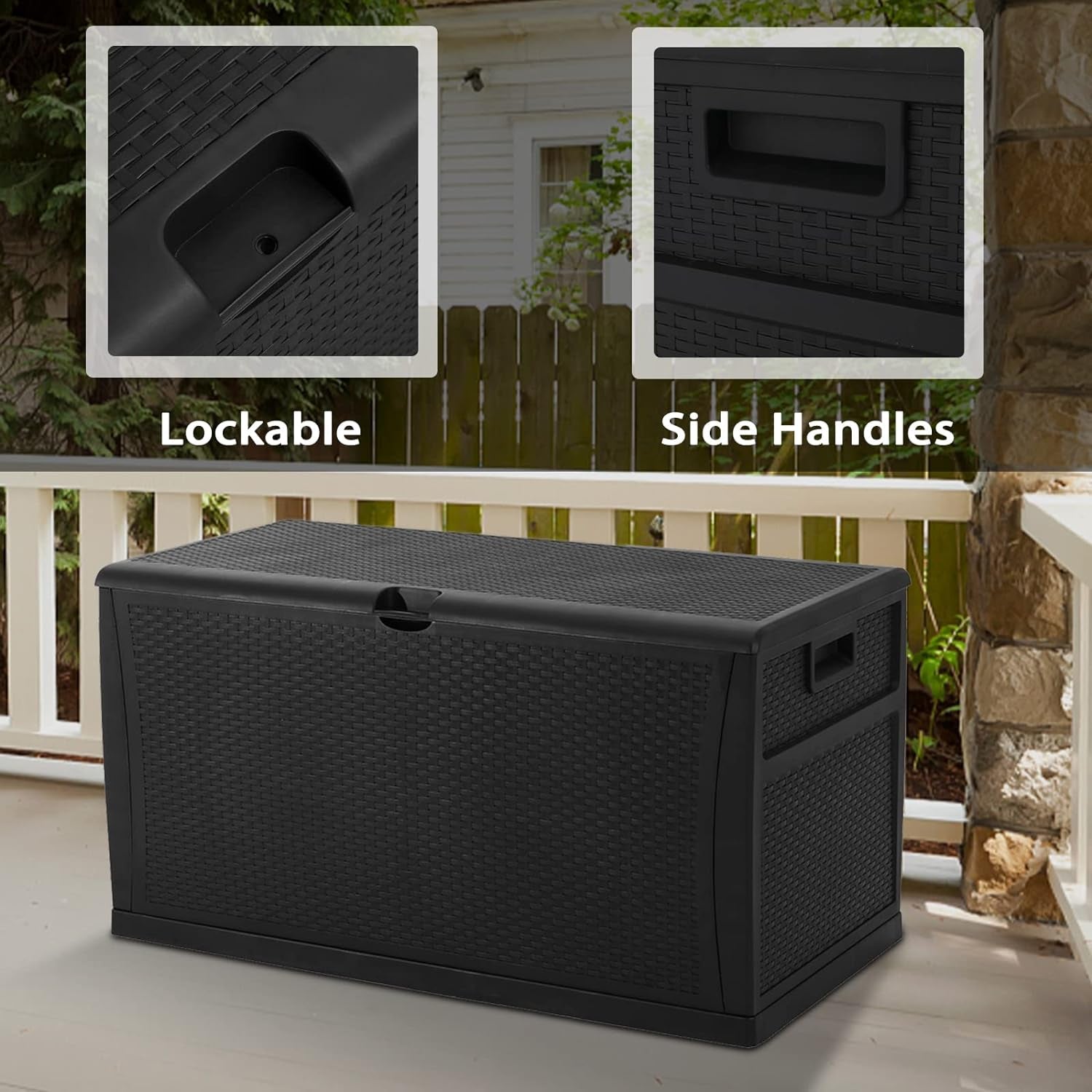 Outdoor Storage Box 120 Gallon Patio Deck Box with Handles, Patio Storage Waterproof Deck Boxes Garden Resin Deck Storage Container Lockable Storage Box (Black)