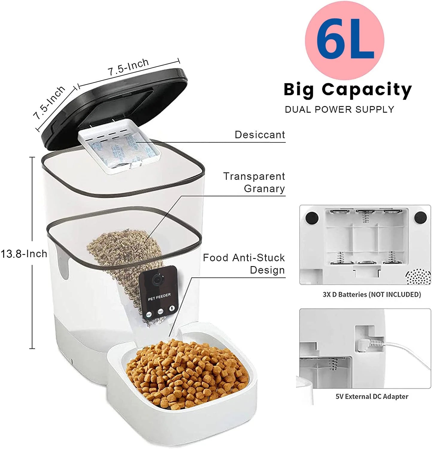 Pet Feeder,6L Automatic Pet Feeder for Cats and Dogs,1080P Camera,App Control,Voice Recorder,Timed Feeder for Schedule Feeding, Dual Power Supply,Wifi Pet Food Dispenser with App Control