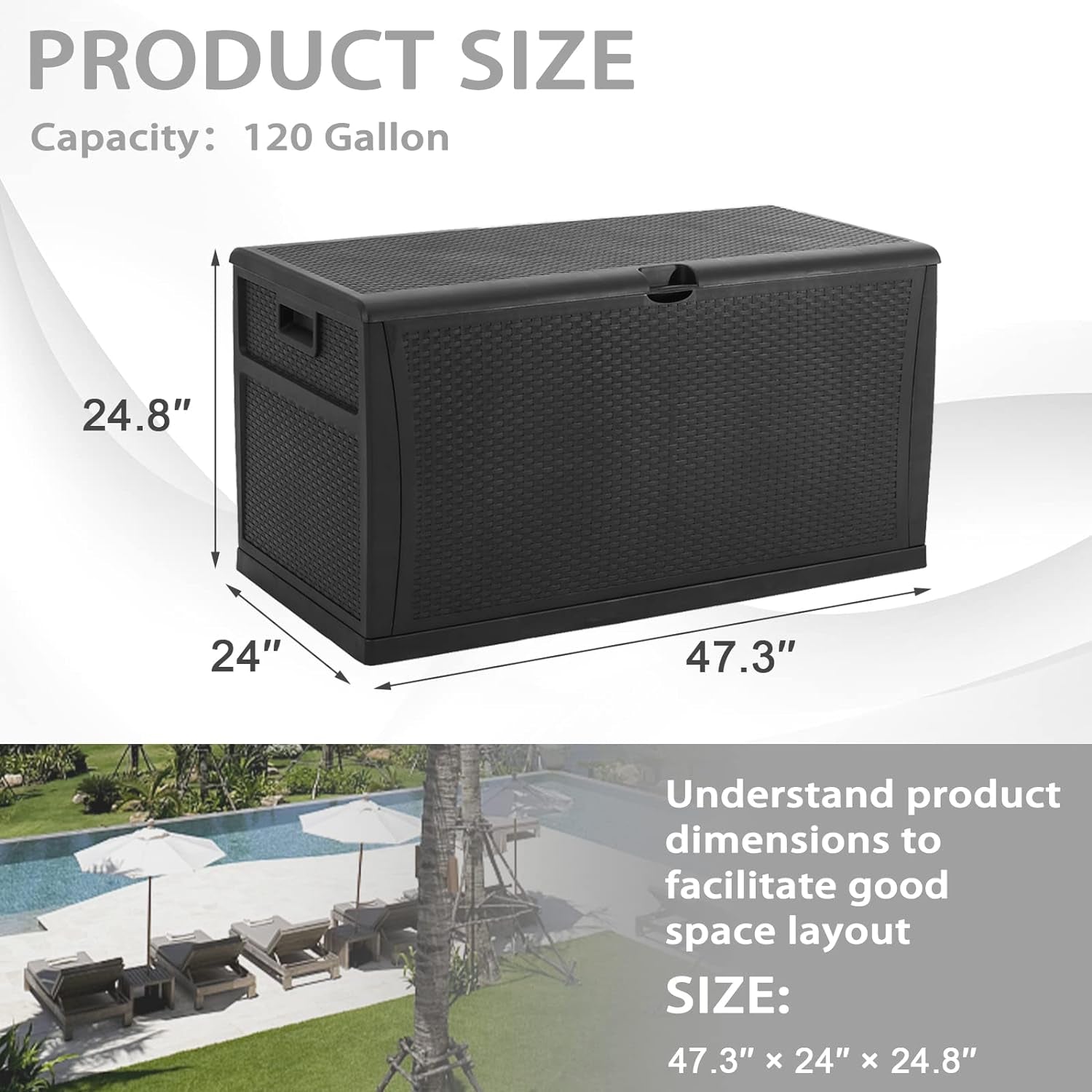 Outdoor Storage Box 120 Gallon Patio Deck Box with Handles, Patio Storage Waterproof Deck Boxes Garden Resin Deck Storage Container Lockable Storage Box (Black)