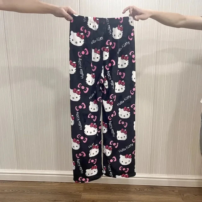 Sanrio Hello Kitty Anime Y2K Kawaii Flannel Pajamas Women'S Warm Woolen Cartoon Casual Home Pants Autumn Winter Fashion Trousers