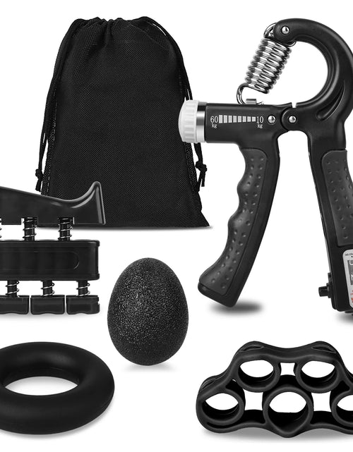 Load image into Gallery viewer, 5Pcs Hand Grip Strengthener Forearm Workout Kit,  Grip Strength Trainer, Adjustable Resistance 22 to 132Lbs Hand Gripper, Finger Exerciser, Finger Stretcher, Grip Loop, Stress Relief Grip Ball
