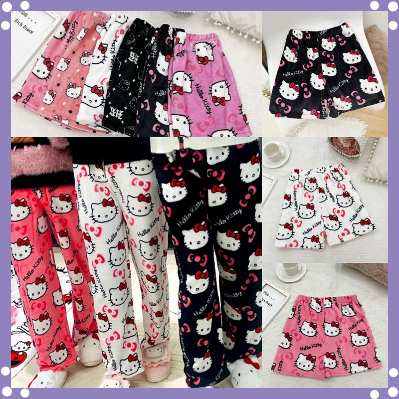 Sanrio Hello Kitty Anime Y2K Kawaii Flannel Pajamas Women'S Warm Woolen Cartoon Casual Home Pants Autumn Winter Fashion Trousers